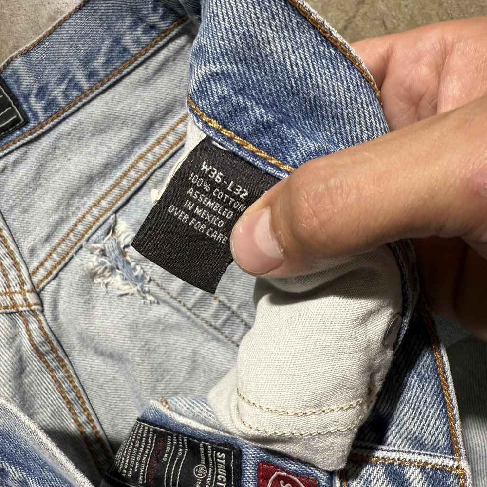 Structure Jeans Mens 36x32 Light Wash Blue Relaxed Wide Leg Distressed Denim - Picture 3 of 7
